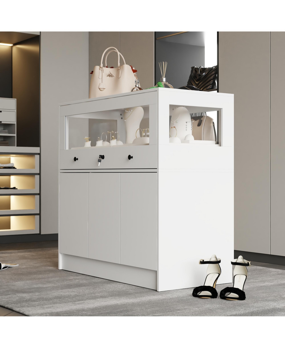 Homsee Storage/Display Cabinet with Glass Top , Bedroom Dresser Armoire Island