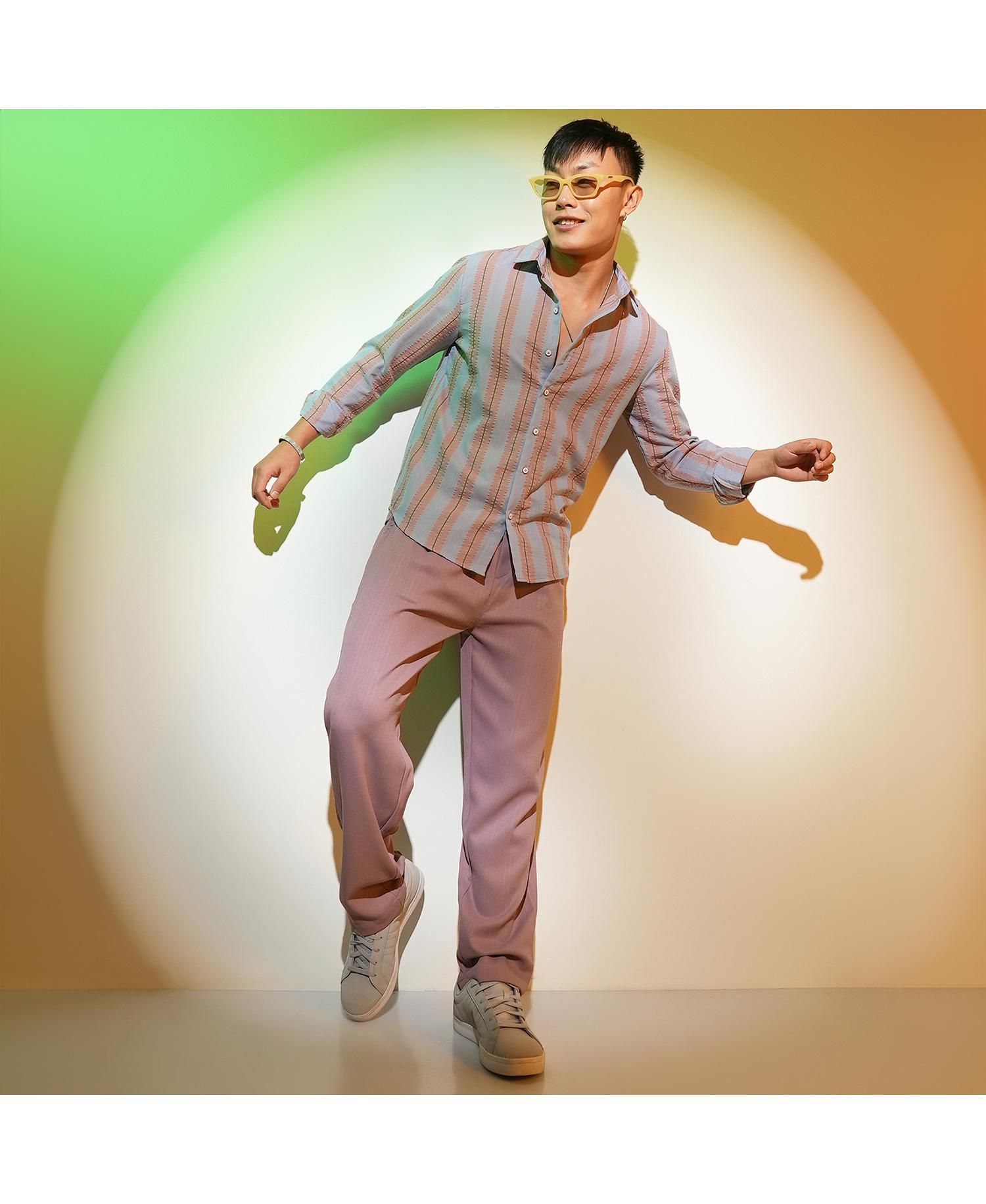 Men's Icy Blue & Nude Beige Striped Seersucker Shirt
