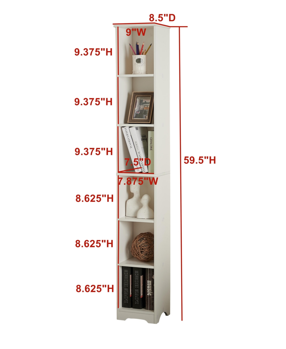 Kings Brand Furniture - Mora 6 -Tier Tall Narrow Storage Shelves Media Bookcase, Slim Freestanding Bookshelf, White