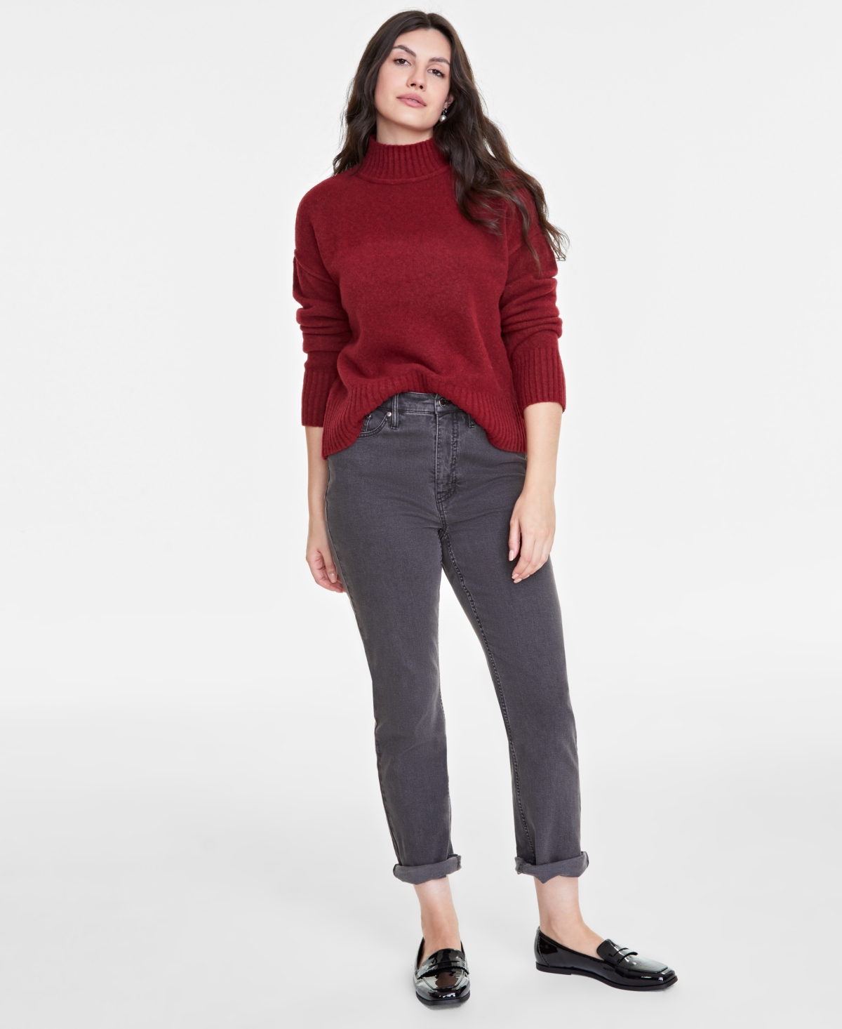 On 34th Women's Mock-neck Jersey Roll-trim Sweater, Exclusively At Macy's In Bright Rhubarb