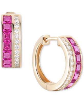 Macy's - Ruby (1-5/8 ct. t.w.) & Diamond (1/4 ct. t.w.) Small Hoop Earrings in 14k Gold, 0.5"