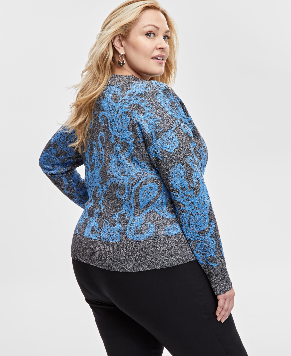 JM COLLECTION PLUS SIZE PRINT METALLIC-THREADED CARDIGAN, EXCLUSIVELY AT MACY'S 