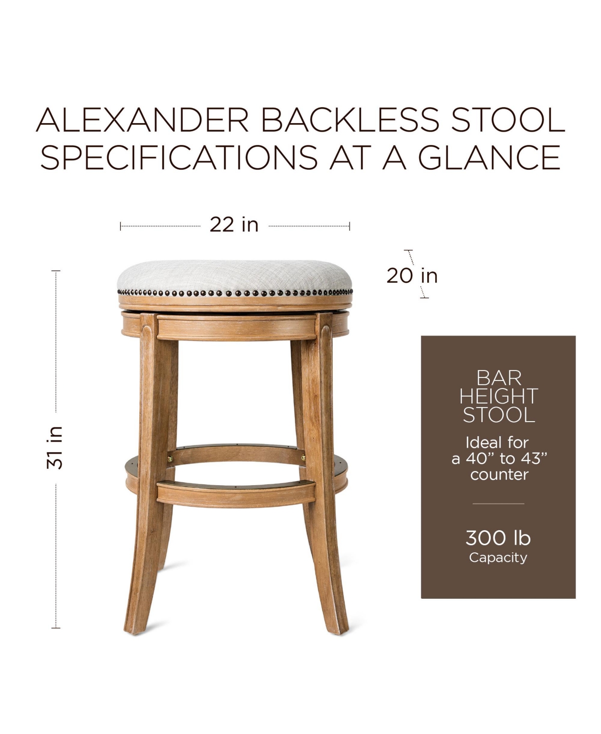 Maven Lane Alexander Backless Bar Stool w/ Sand Color Fabric Upholstery - Weathered oak finish
