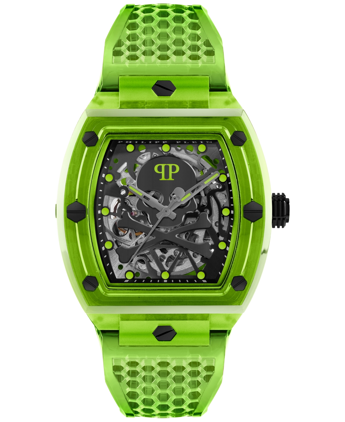 Philipp Plein Men's Automatic Skeleton Green Tpu Strap Watch 44x56mm In Green