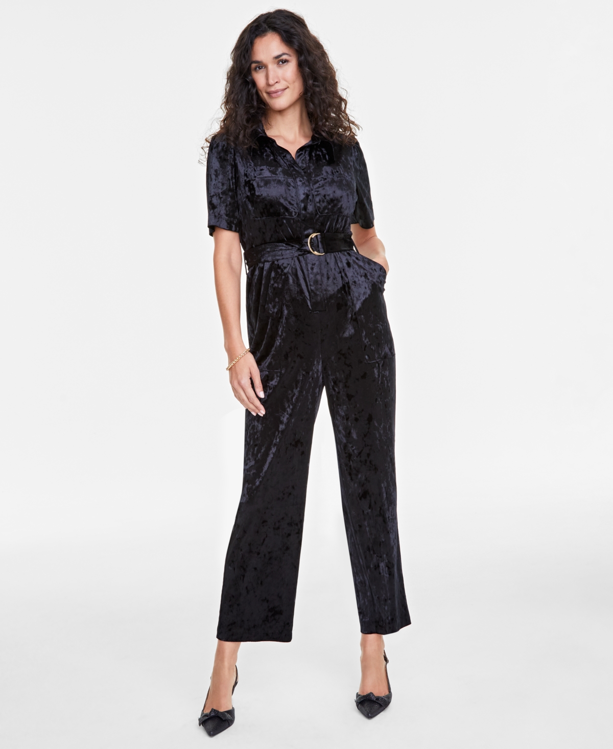 ON 34TH WOMEN'S VELVET SHORT-SLEEVE JUMPSUIT, CREATED FOR MACY'S 