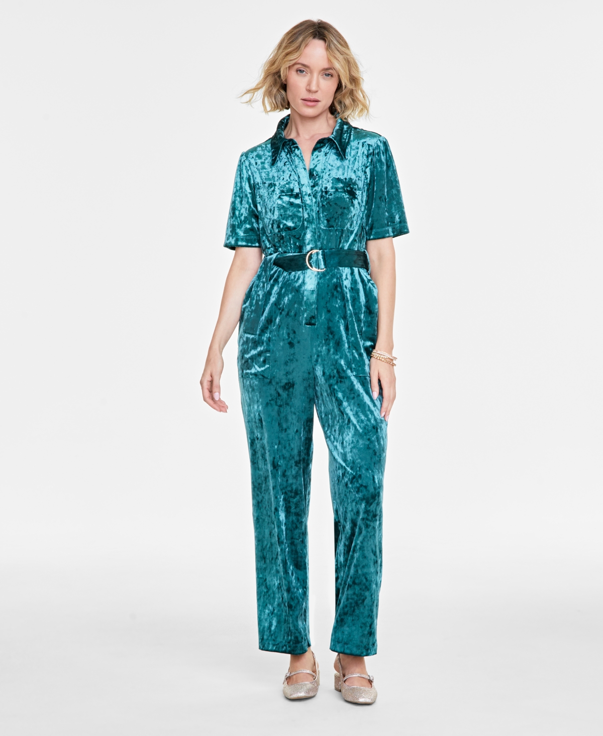 Women's Velvet Short-Sleeve Jumpsuit, Created for Macy's - Dark Forest