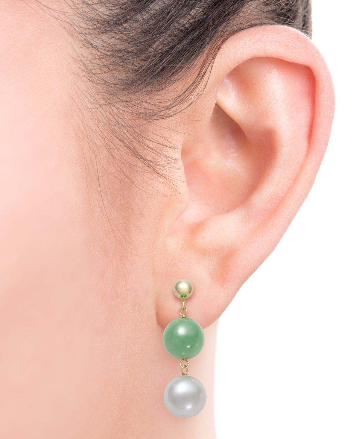 Macy's Dyed Green Jade & Freshwater Pearl (7-1/2mm) Double Drop Earrings In 10k Gold In Yellow Gold