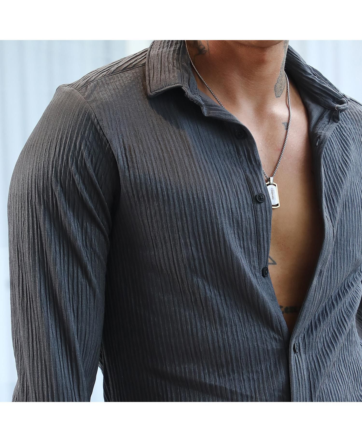 Men's Powder Grey Solid Creased Shirt