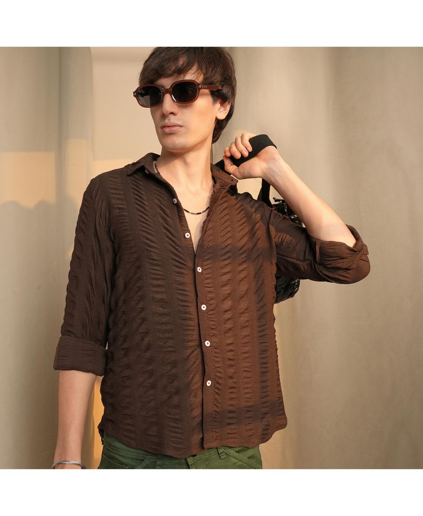 Мужская рубашка Cahoot Campus Sutra Chocolate Brown Chunky-Seersucker, цвет: Красный — фото 3