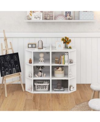 20" MDF Wood 3-Tier Kids Corner Toy Storage Cabinet 9 Cubbies + USB Ports & Outlets Multi-Functional Organizer for Playroom