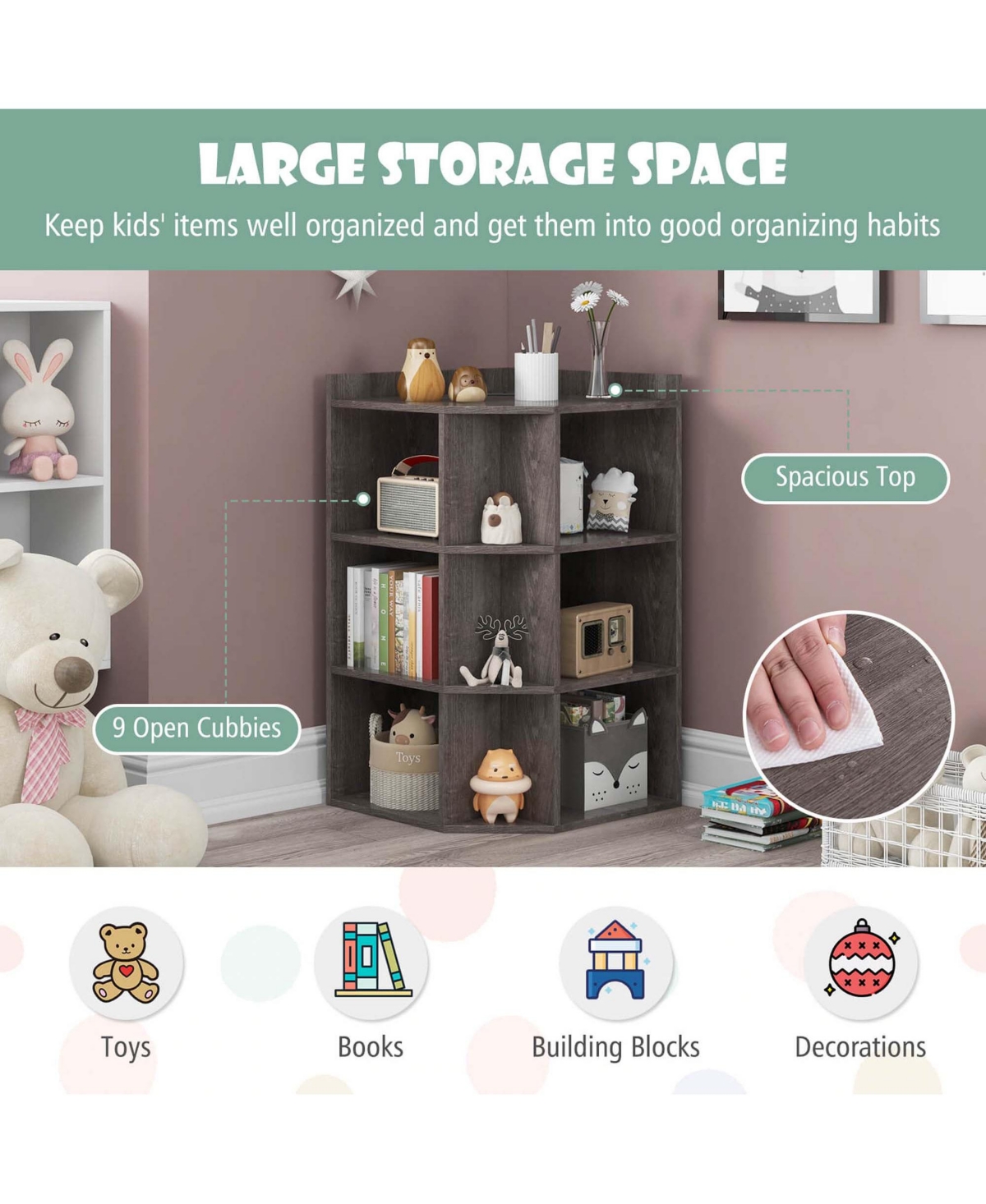 Costway 3-Tier Kids Corner Toy Storage Organizer with Usb Ports and Outlets 9 Cubbies