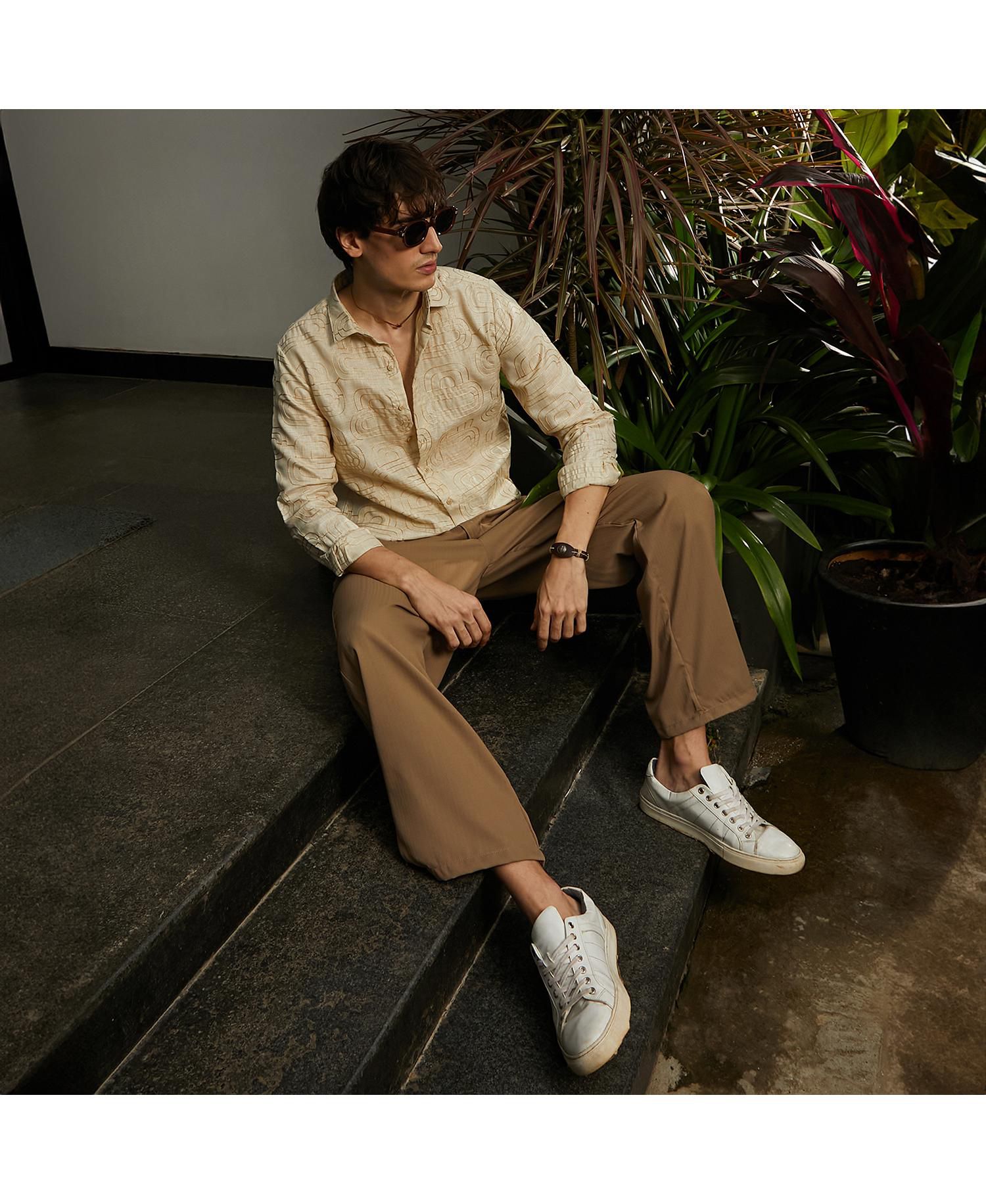 Men's Khaki Beige Curve-Lined Shirt