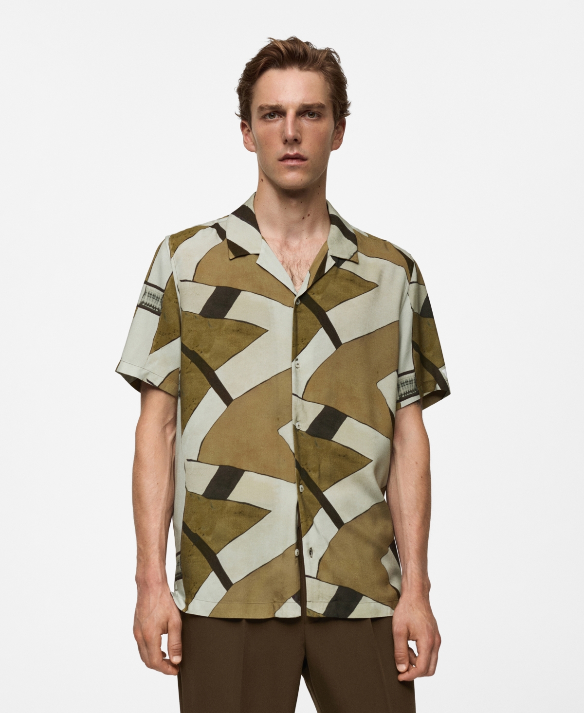Mango Men's Bowling Collar Printed Flowing Shirt