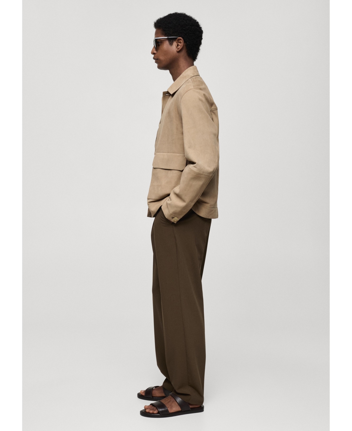 Mango Men's Pockets Detail Leather Jacket -Pastel Gray