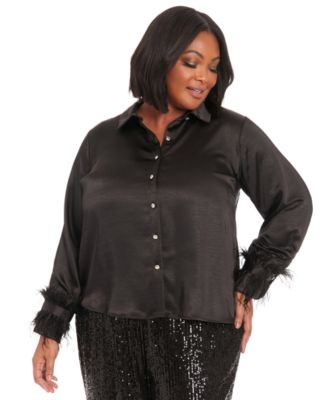 Plus Size Collared Feather-Trim-Sleeve Satin Shirt