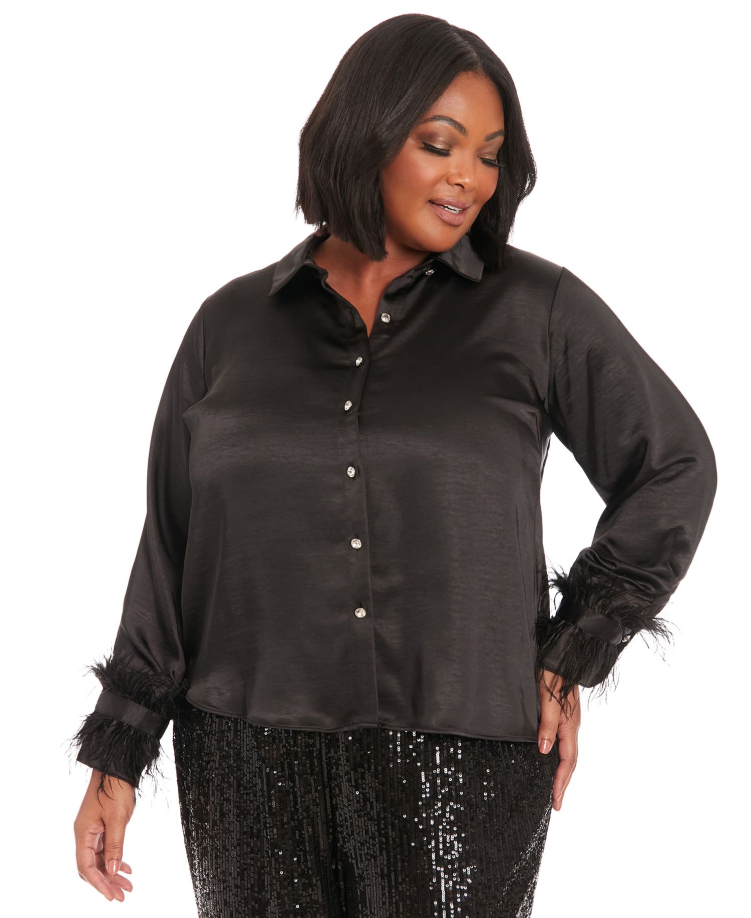 Plus Size Collared Faux Feather-Trim-Sleeve Satin Shirt
