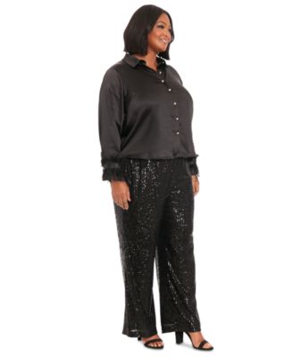 Plus Size Collared Feather-Trim-Sleeve Satin Shirt