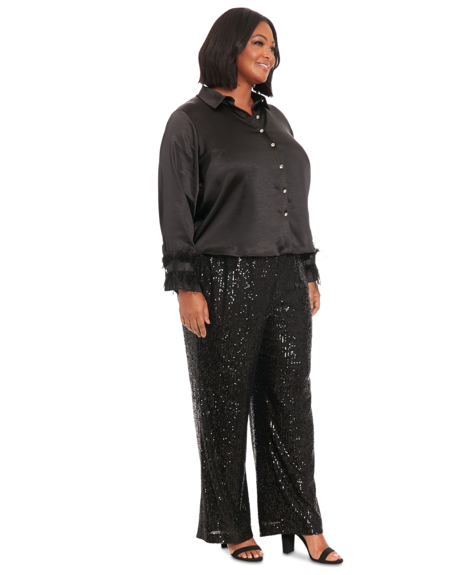 Plus Size Collared Faux Feather-Trim-Sleeve Satin Shirt