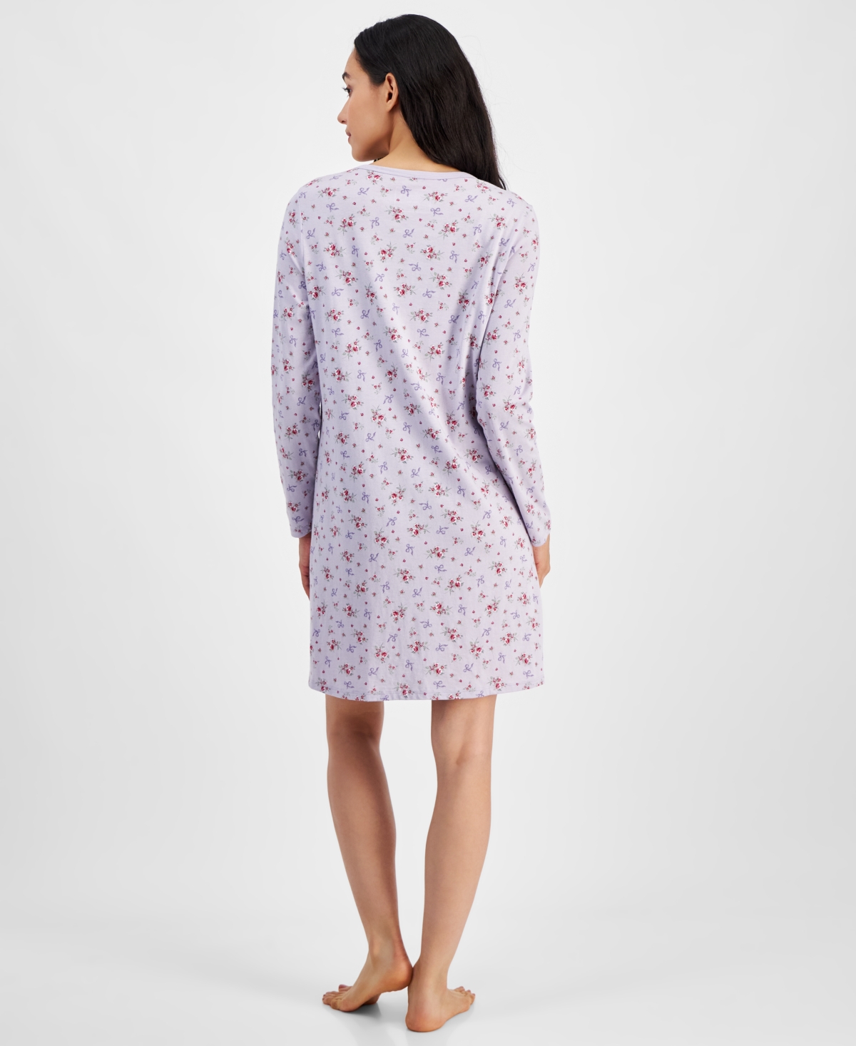 CHARTER CLUB WOMEN'S COTTON PRINTED LONG SLEEVE HENLEY SLEEPSHIRT, CREATED FOR MACY'S 