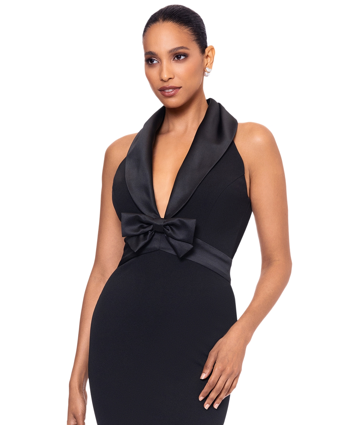 Betsy & Adam Women's Bow-trim Shawl-collar Gown In Black