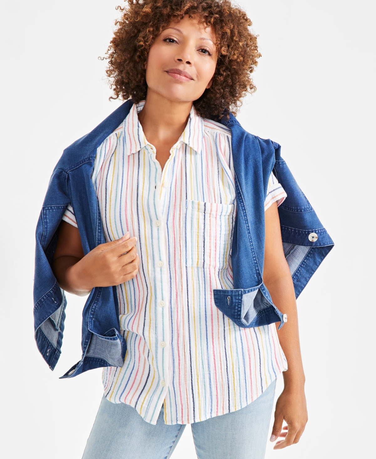 Style & Co Women's Cotton Striped Short-Sleeve Button Camp Shirt, Created for Macy's