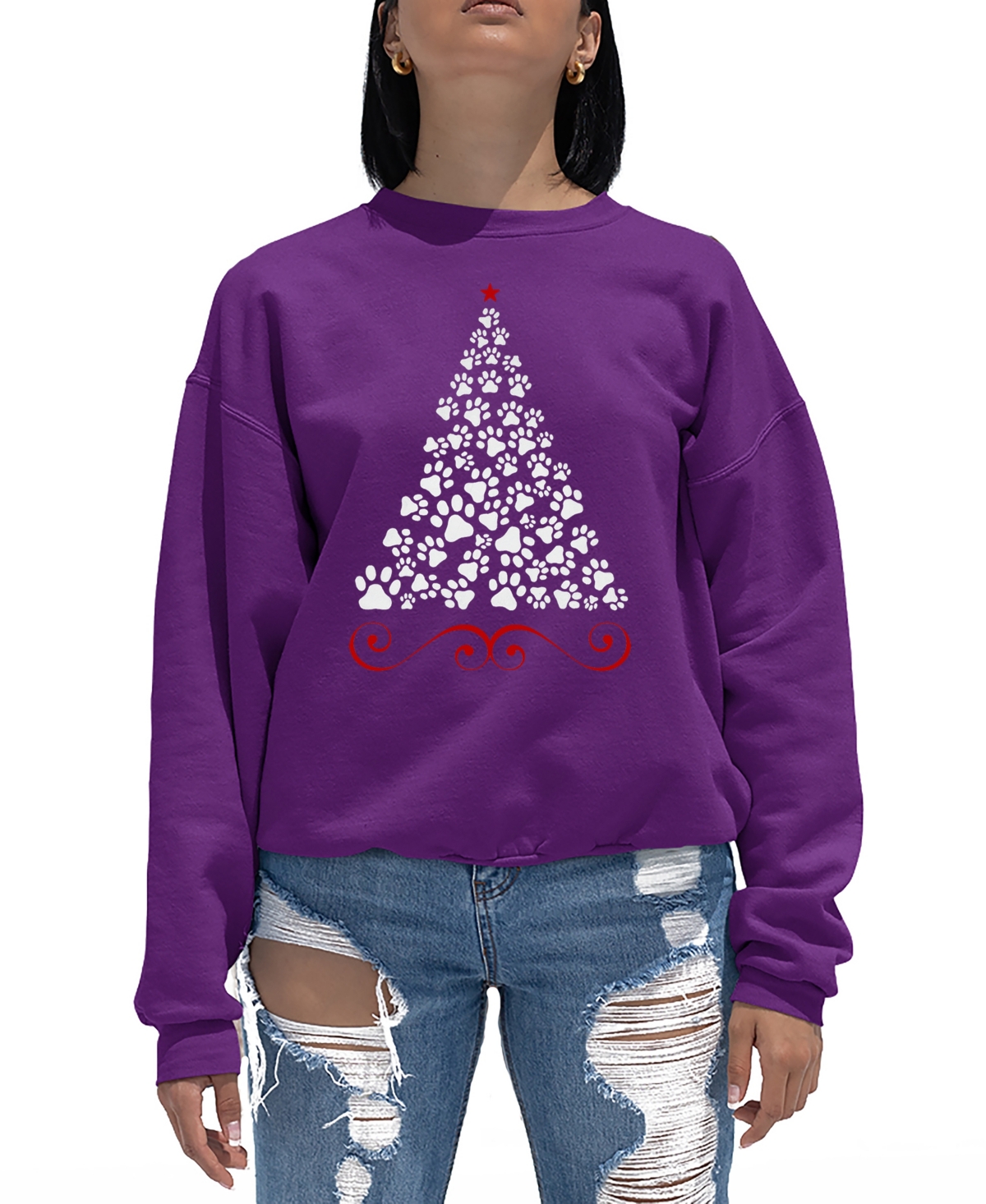 La Pop Art Women's Paw Christmas Tree Art Crewneck Sweatshirt In Purple