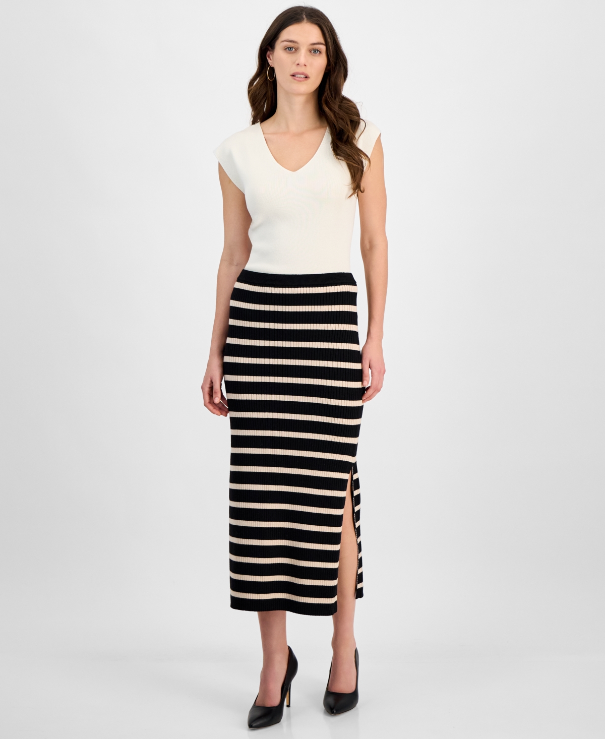 Shop T Tahari Women's Ribbed Striped Bodycon Midi Skirt In Soft Tan Heather