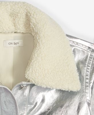 Women's Solid Metallic Faux-Leather Jacket with Removable Faux-Sherpa Collar, Exclusively at Macy's