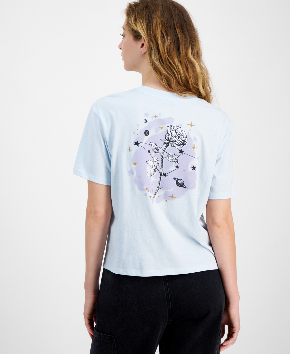 Rebellious One Juniors' Celestial Rose Graphic T-shirt In Delicate Blue