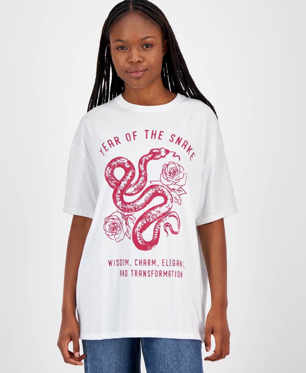 Grayson Threads, The Label Juniors' Rose & Snake Lunar New Year Graphic T-shirt In White