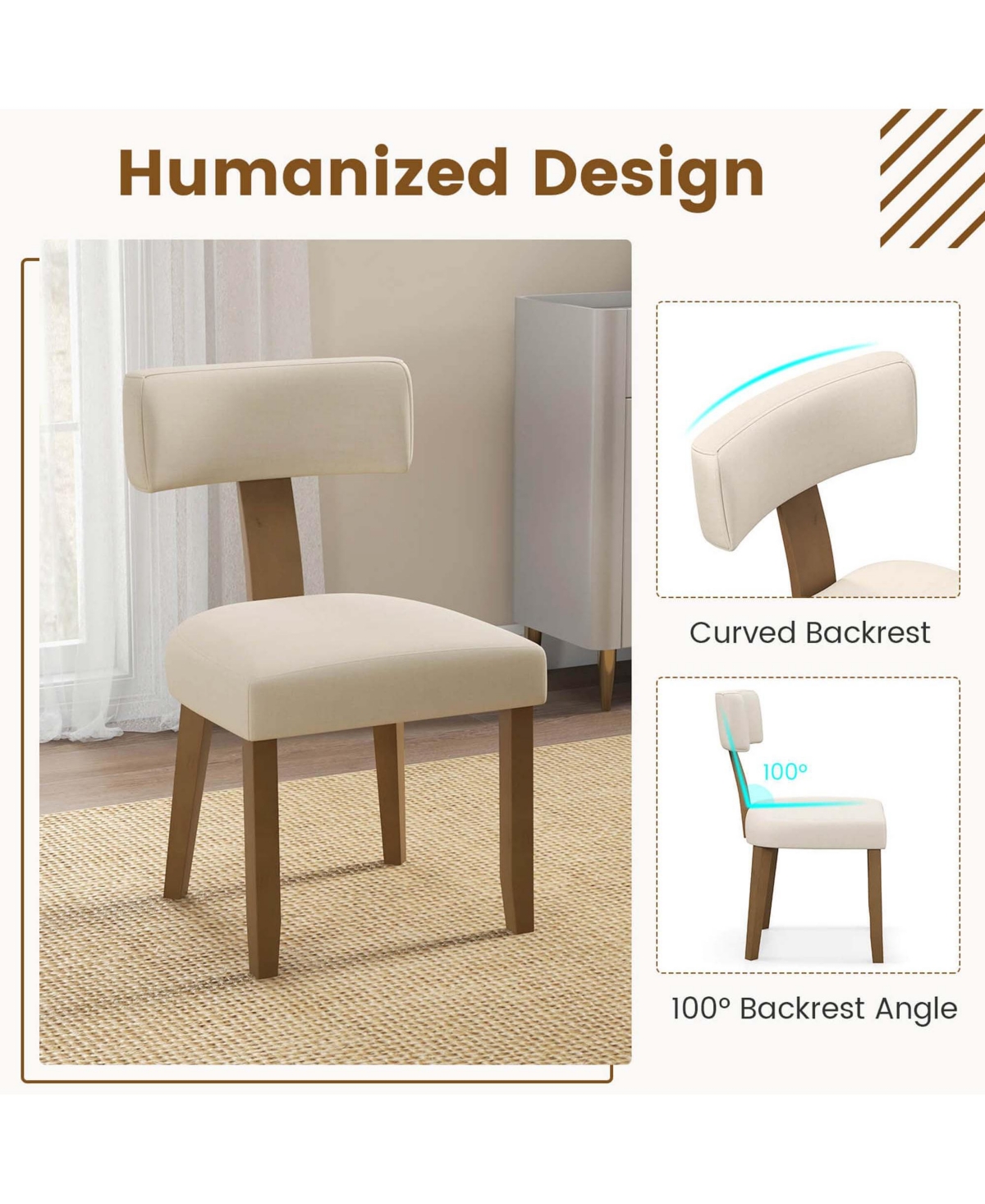 Costway Set of 2 Armless Dining Chairs with Curved Backrests & Padded Seat Cushions -khaki