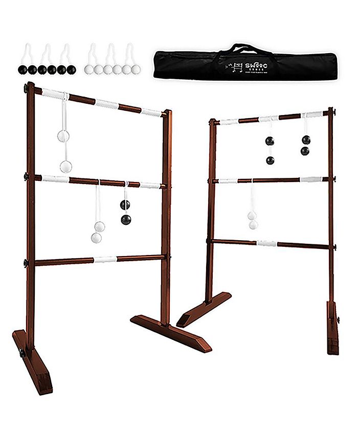 SWOOC Wooden Ladder Ball Game Set (Weather Resistant) - With 10 Games & Carrying Case - Easy, No Tool Asssembly - Yard Games - Brown - Medium