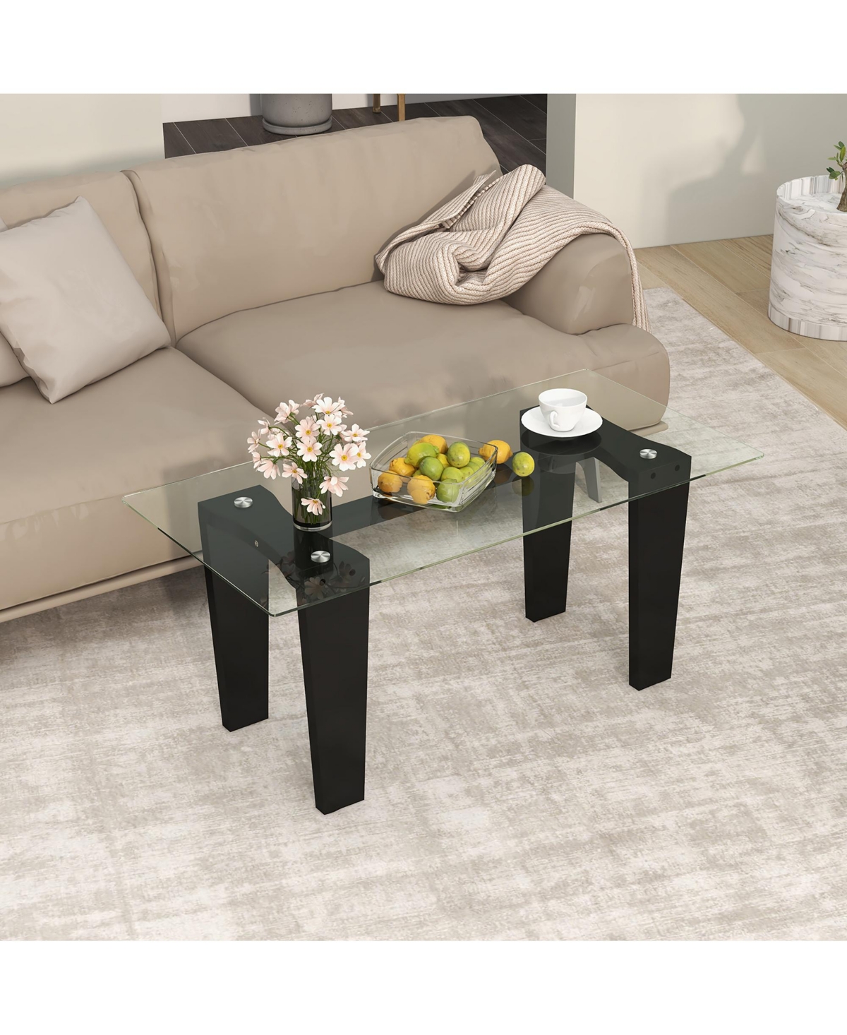 Gymax Rectangle Coffee Table Modern Tempered Glass Top Accent Table Black - Transparent + black