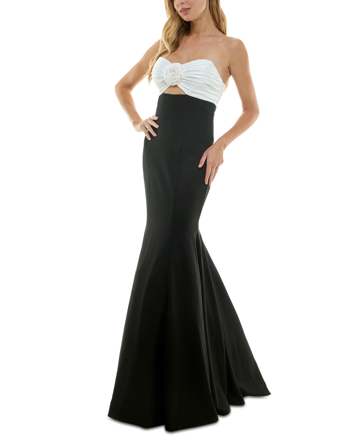 City Studios Juniors' Rosette-Trim Cutout Colorblocked Gown