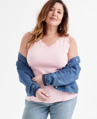 売れ筋商品|||スタイルアンドコー カットソー トップス レディース Plus Size Lace-Trimmed Tank Top, Exclusively at Macy's Oliva Style & Co Women's Lace-Trim Cotton Tank Top, Exclusively at