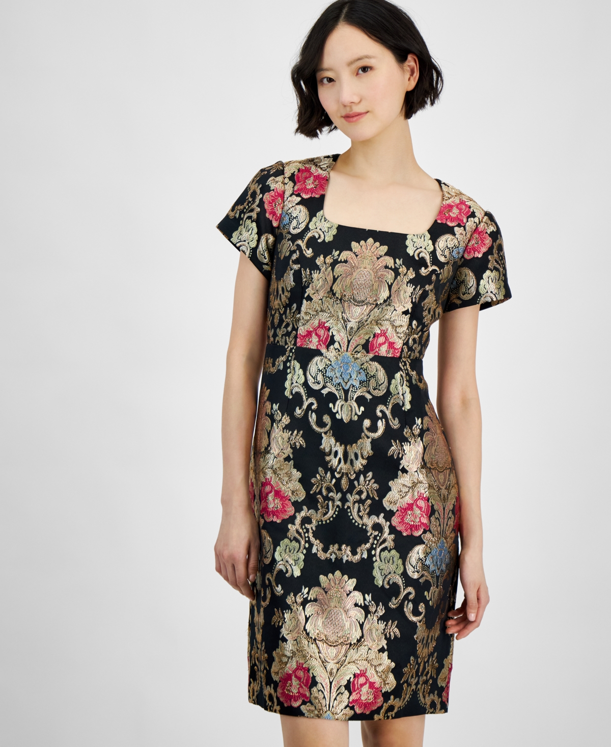 Tahari Petite Short-Sleeve Embellished Brocade Dress