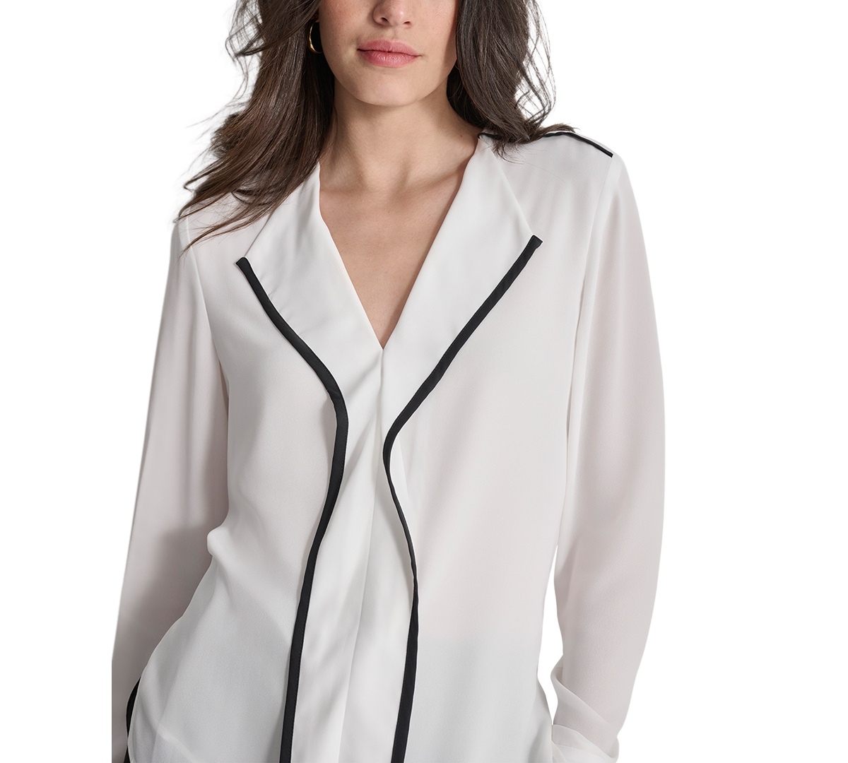 Dkny Women's V-Neck Contrast-Trim Long-Sleeve Blouse -Black