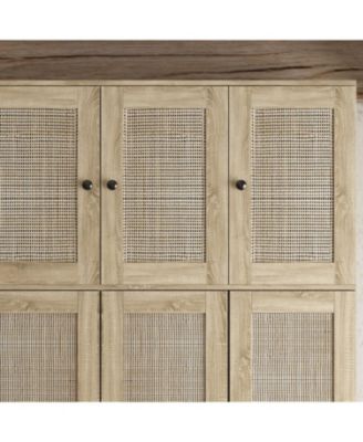 Brown Rattan Doors Wardrobe with 5-Drawers,2-Hanging Rods,Top Cabinet