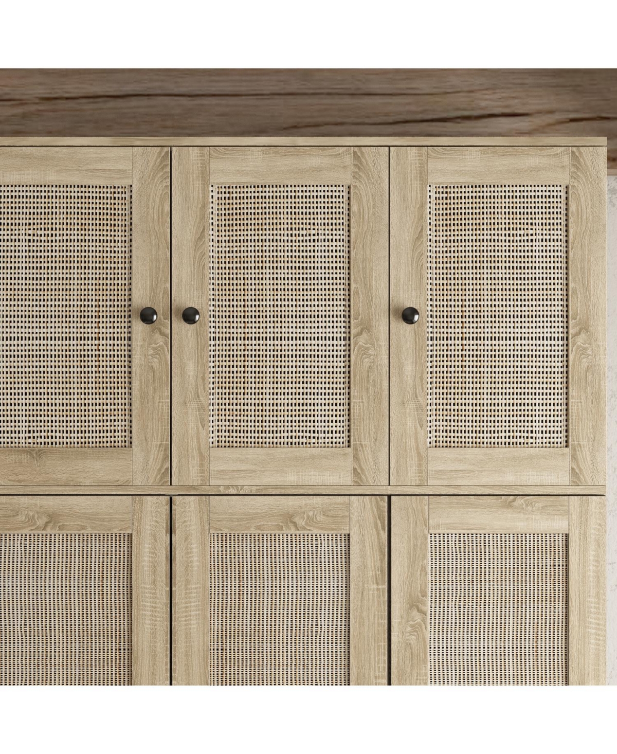 Famapy Brown Rattan Doors Wardrobe with 5-Drawers,2-Hanging Rods,Top Cabinet