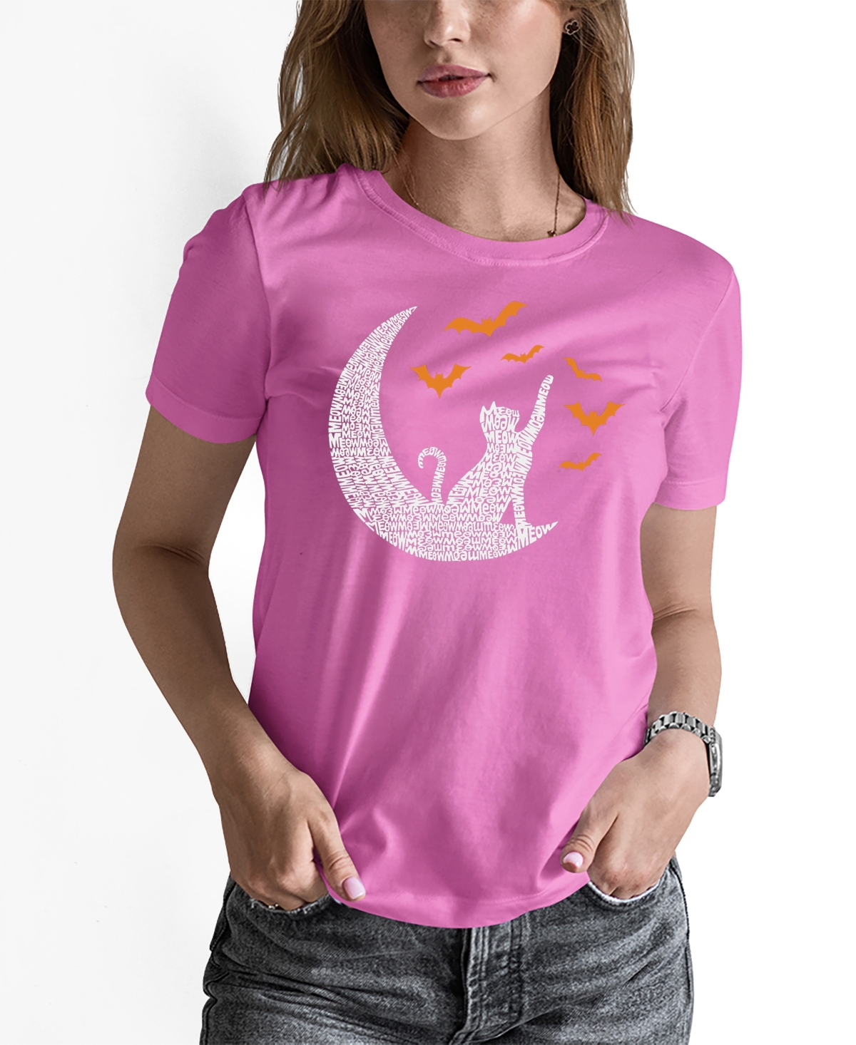 Shop La Pop Art Women's Lunar Bats Word Art Crew Neck T-shirt In Pink