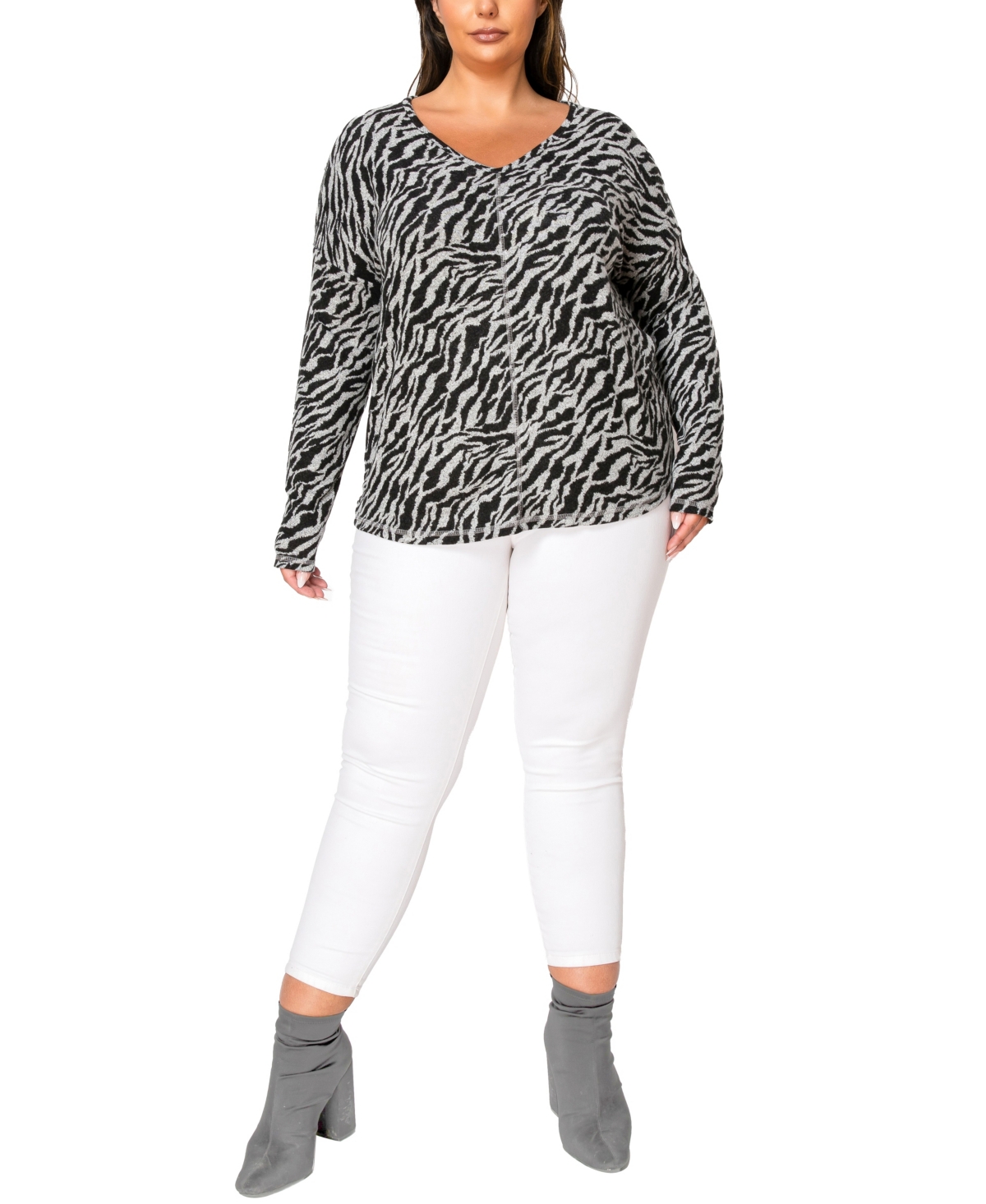 Coin 1804 Plus Size Zebra Print Cozy V-Neck Dolman Sleeve Top