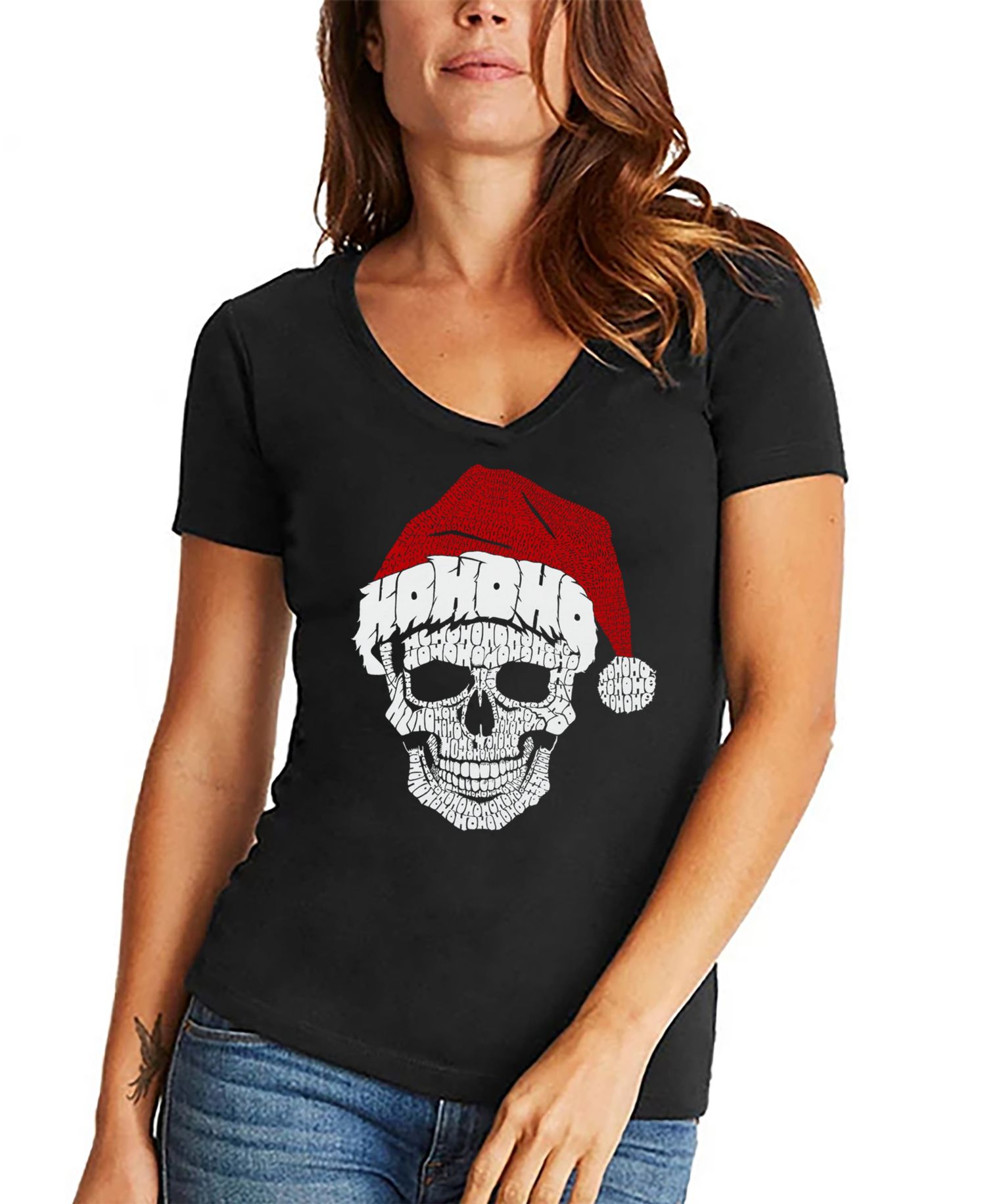 Women's Santa Skull Word Art V-Neck T-shirt