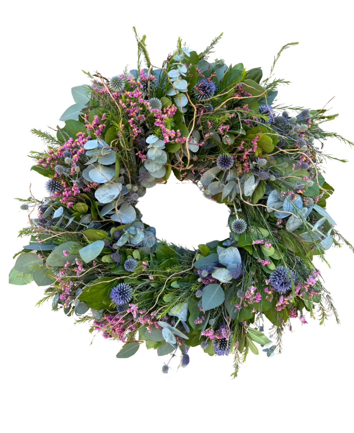 Silver Dollar Eucalyptus, True Blue Eucalyptus and Curly Willow Real Wreath, 22"