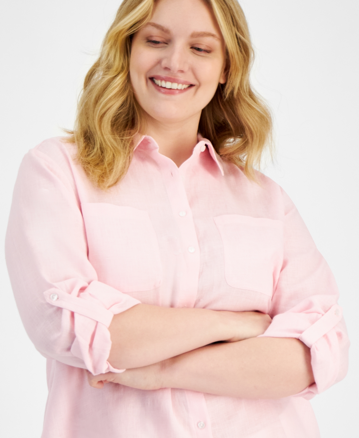 CHARTER CLUB PLUS SIZE 100% LINEN ROLL-TAB SHIRT, EXCLUSIVELY AT MACY'S 