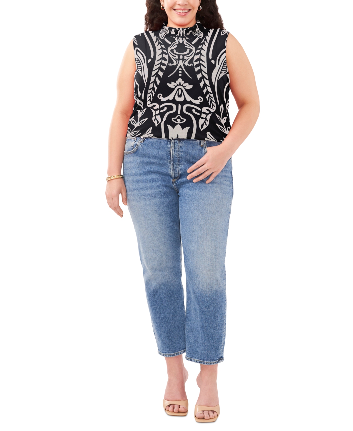 Vince Camuto Plus Size Printed Mock Neck Sleeveless Top, Created for Macy's