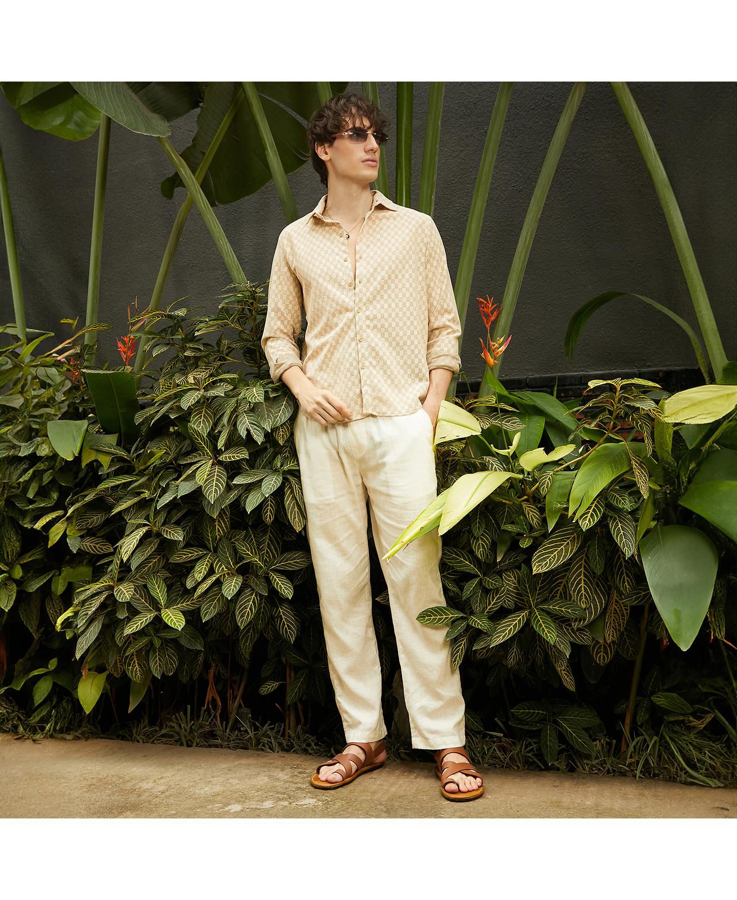 Men's Saltbox Beige Checkered-Textured Shirt