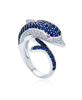 Pave Navy Blue Cubic Zirconia Bypass Dolphin Band Ring Black Silver Plated Brass