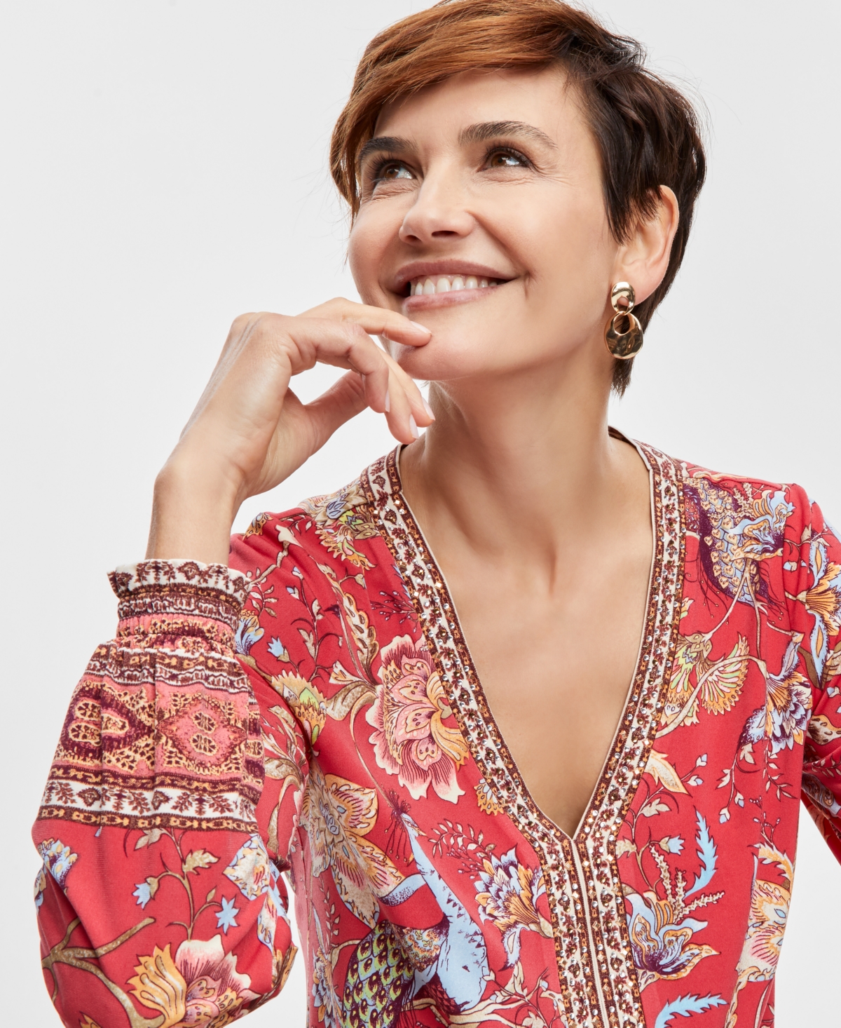 Jm Collection Women's Printed Split-Neck Long-Sleeve Top, Created for Macy's