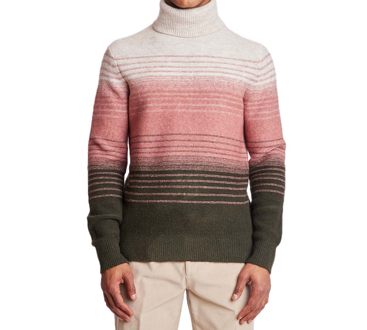 Men's Slim Fit Long Sleeve Chunky Striped Turtleneck Sweater - Pink Sage