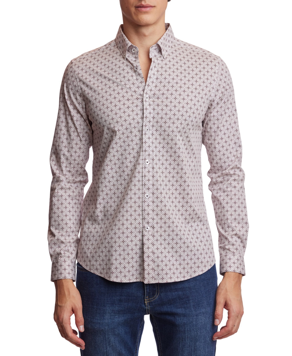 Men's Brian Slim Fit Long Sleeve Button-Down Geo Print Shirt - Burgundy White